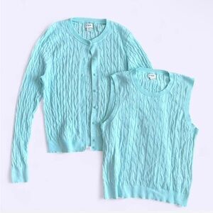 J Crew 100% Cotton Light Turquoise Cable Knit Cardigan Top 2pc Set Medium